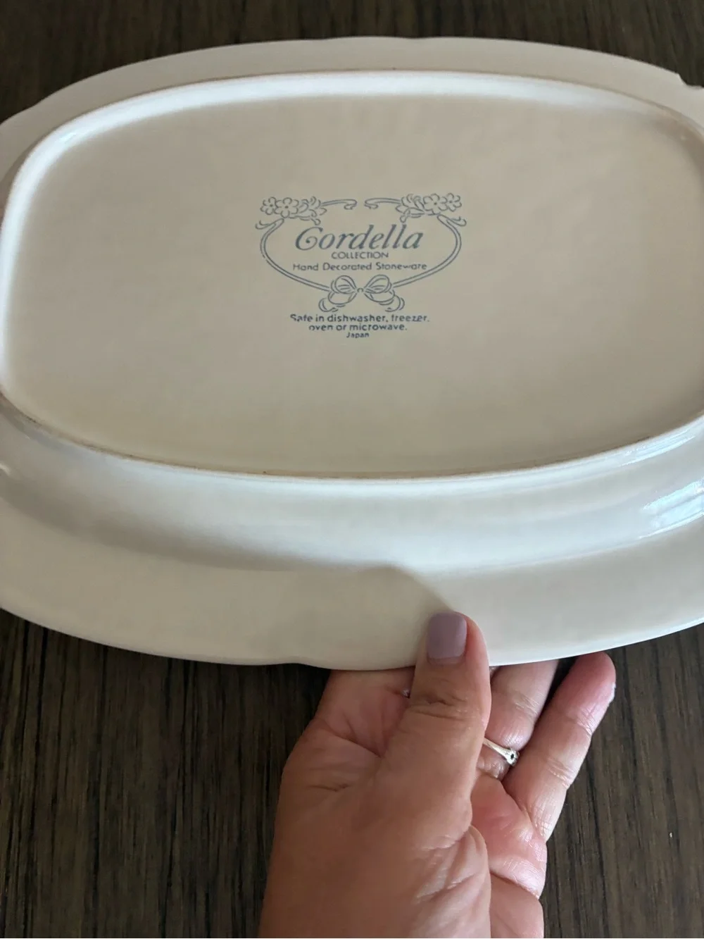 Cream Ceramic Serving Platter with Blue Rim and Orange Floral Accent